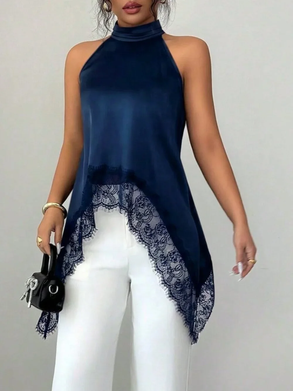 Blue Casual Women's Lace Patchwork Halter Shirt
